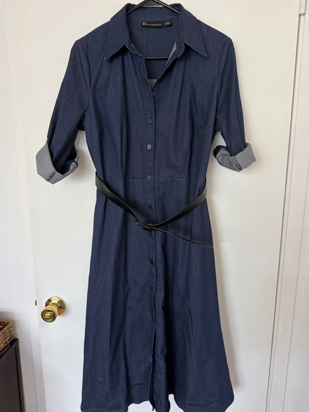 New York & Company Denim Blue Belted Midi Shirt Dress Size M Pockets